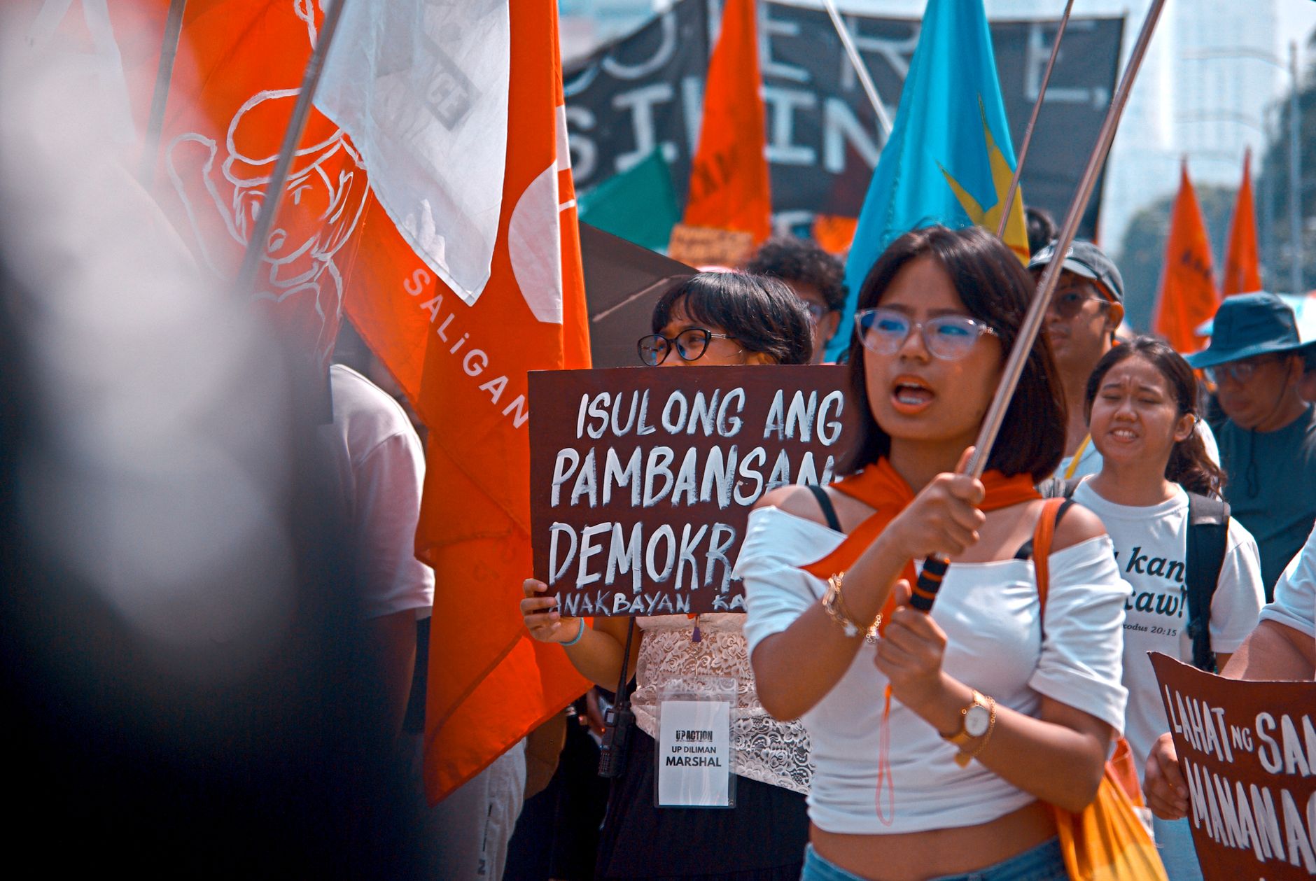 Demonstration with diverse adults holding signs and banners, expressing national democracy advocacy.