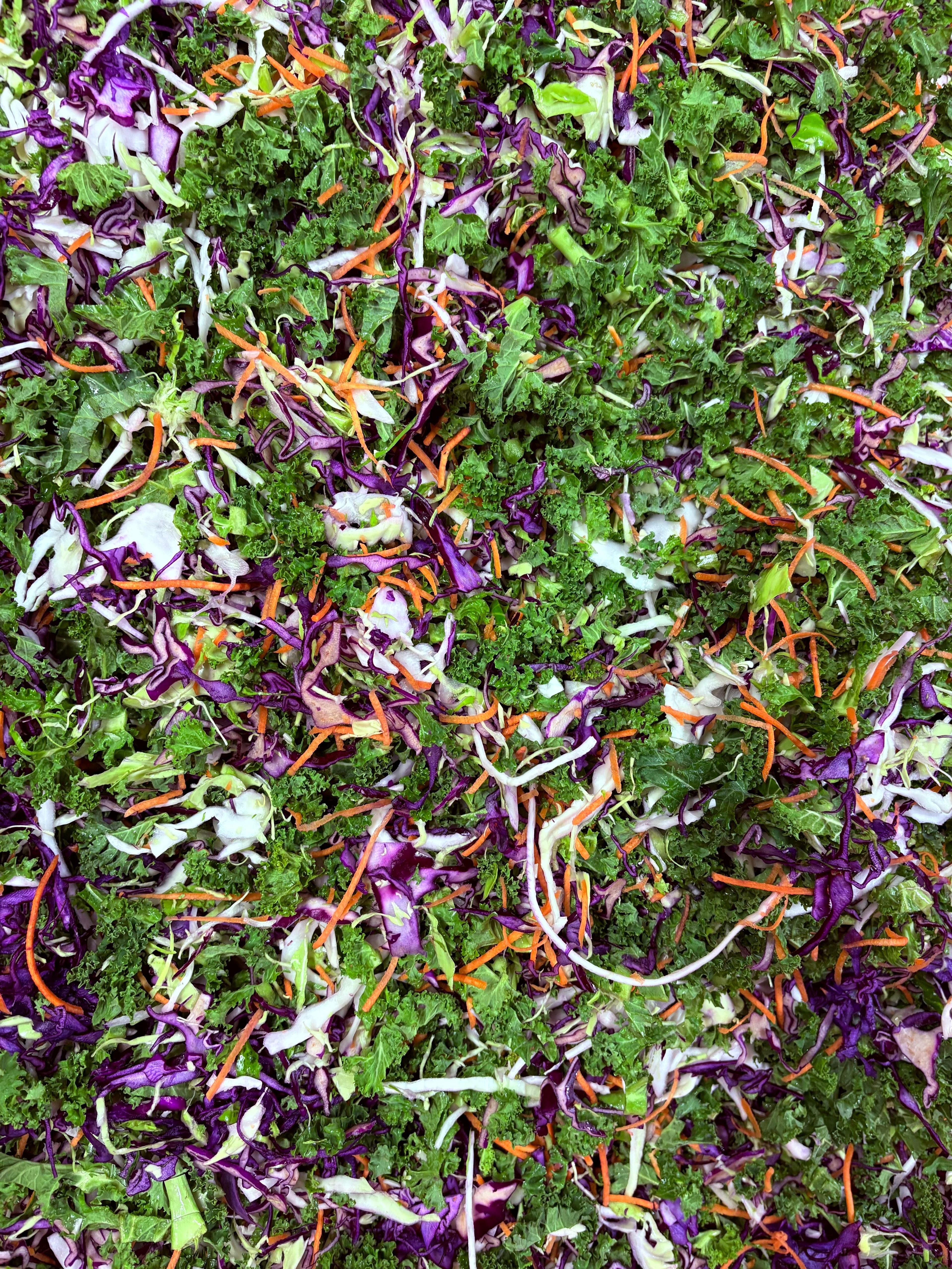 A vibrant mix of chopped kale, cabbage, and carrots for a healthy meal.