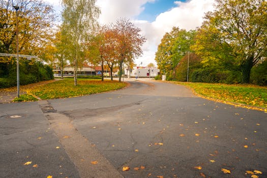 Scenic autumn streetscape in Beinen, Germany, showcasing vibrant fall foliage and quiet urban charm.