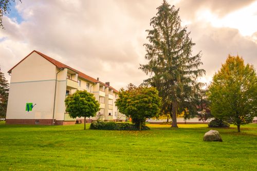 Free Scenic autumn setting in a peaceful Lower Saxony neighborhood with lush trees and residential architecture. Stock Photo