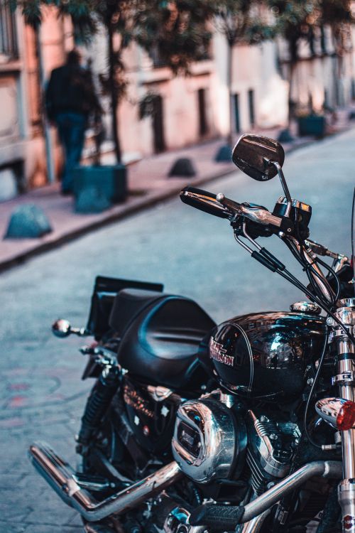 Free A close-up of a polished motorcycle parked on a tree-lined urban street. Stock Photo