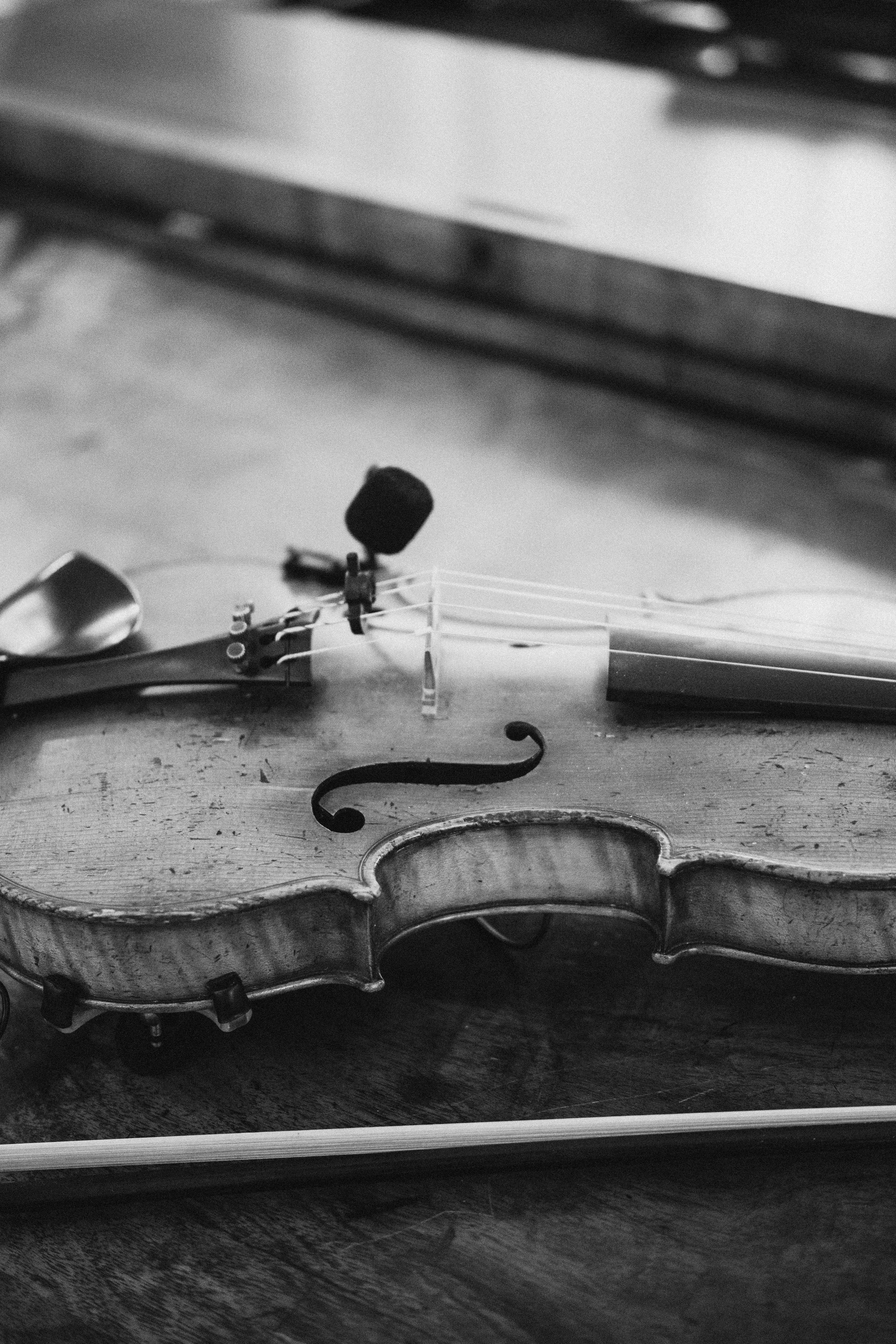 Elegant black and white image showing a close-up of a classic violin with a bow on a wooden surface.