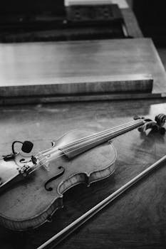 Artistic black and white photograph of a violin and bow on a wooden surface, showcasing classical elegance.