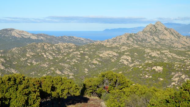 Beautiful landscape of mountains and sea in Santo-Pietro-di-Tenda, Corsica.