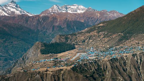 Free Stunning aerial landscape of Humla Valley with snowy peaks in Karnali, Nepal. Stock Photo