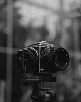 A classic vintage camera mounted on a tripod, photographed in black and white for a timeless look.
