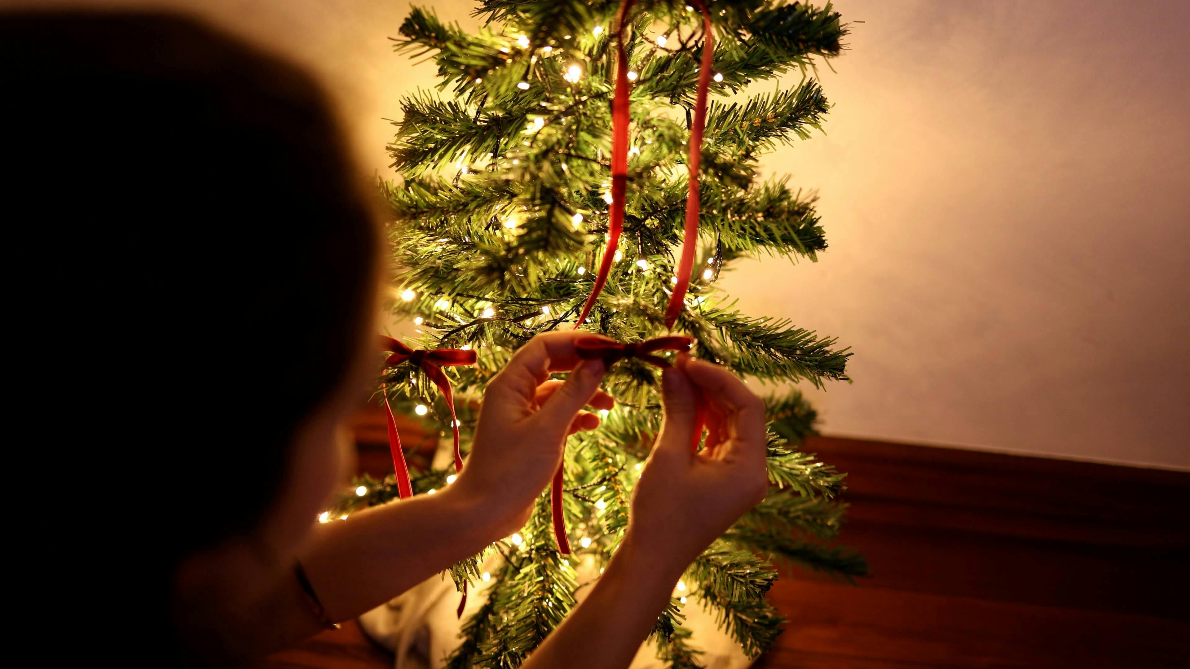 Decorating a Christmas Tree with Red Ribbons · Free Stock Photo