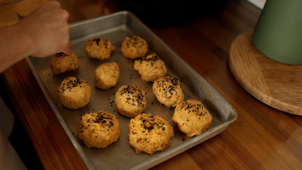 Homemade buns topped with sesame seeds on a baking tray, warm kitchen vibe.