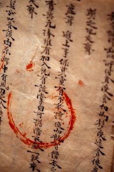 Old Korean script on textured paper with red ink markings, showcasing historical writing.