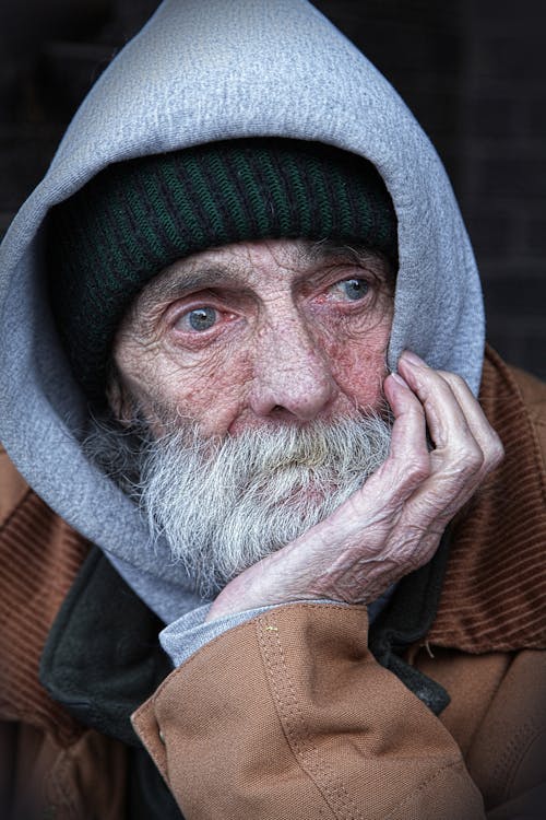 Man Wearing Brown and Gray Hoodie Jacket