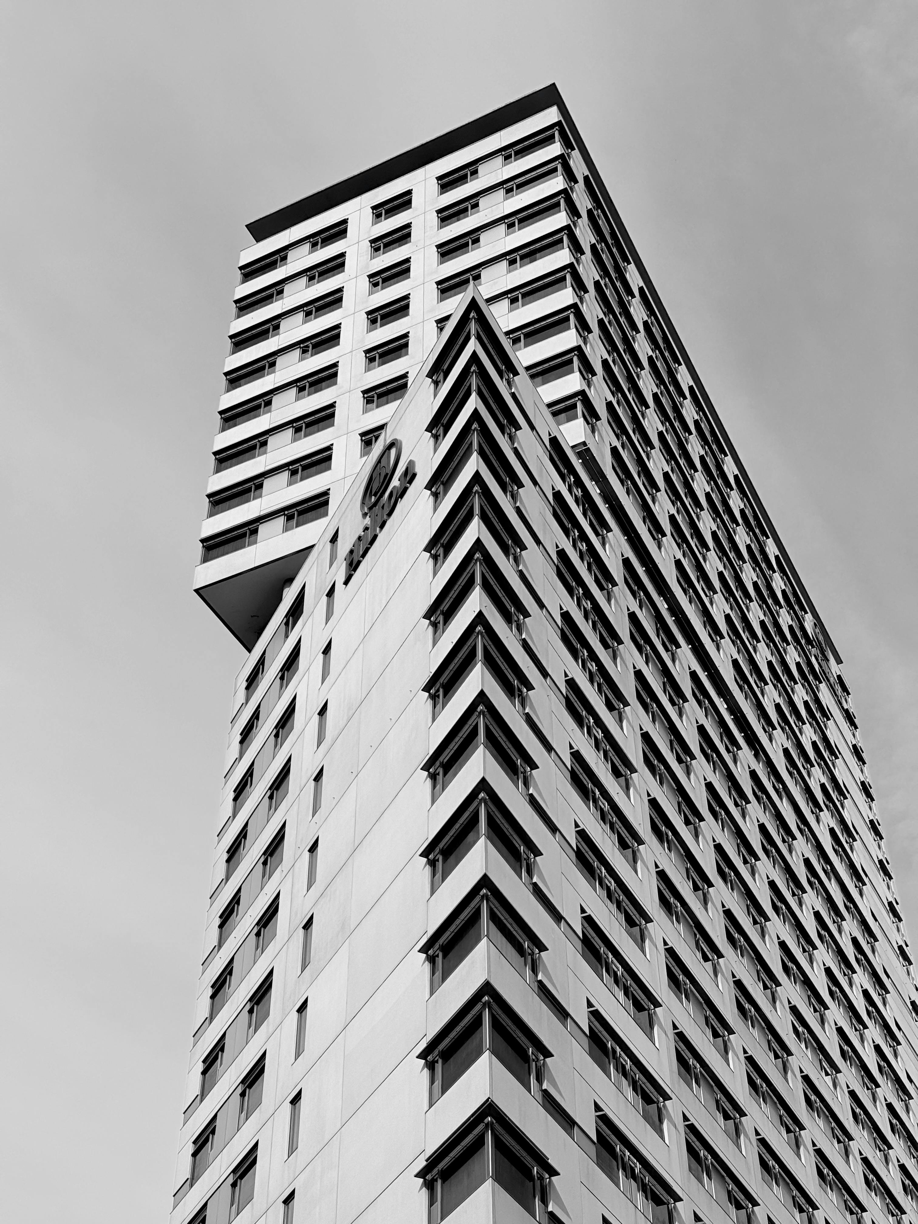 Gratis Tampilan dinamis bangunan tinggi modern dalam warna hitam dan putih, yang menekankan garis-garis geometris. Foto Stok