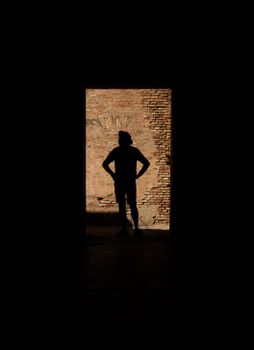 Dynamic silhouette captures a person standing confidently against a textured, historic brick wall.
