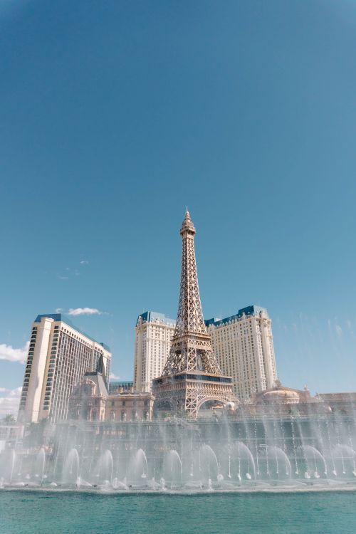 Free View of the Paris Las Vegas hotel with its iconic Eiffel Tower replica. Stock Photo