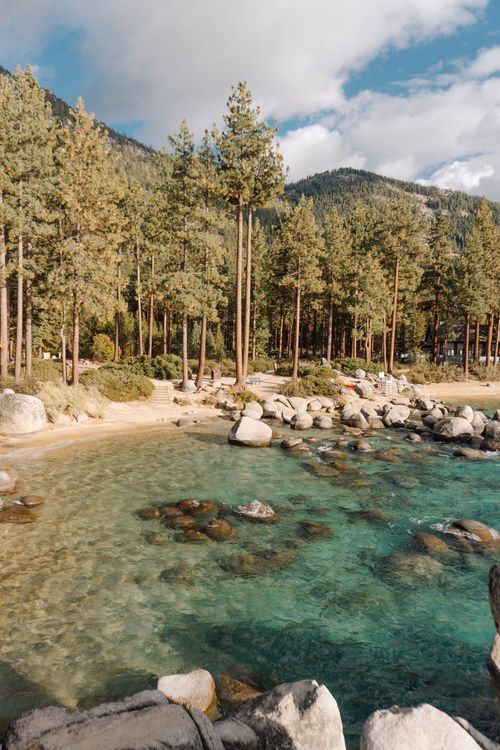 Free Breathtaking view of Lake Tahoe's crystal-clear water surrounded by tall pine trees under a bright sky. Stock Photo