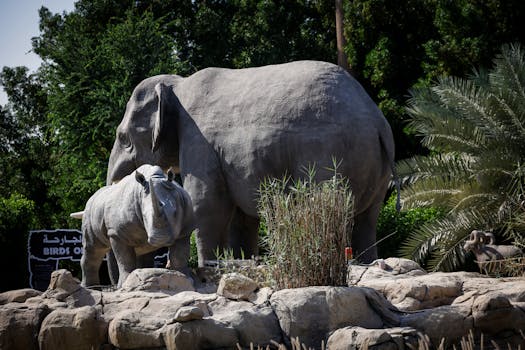 Elephant and rhino stone statues in a lush, outdoor environment.