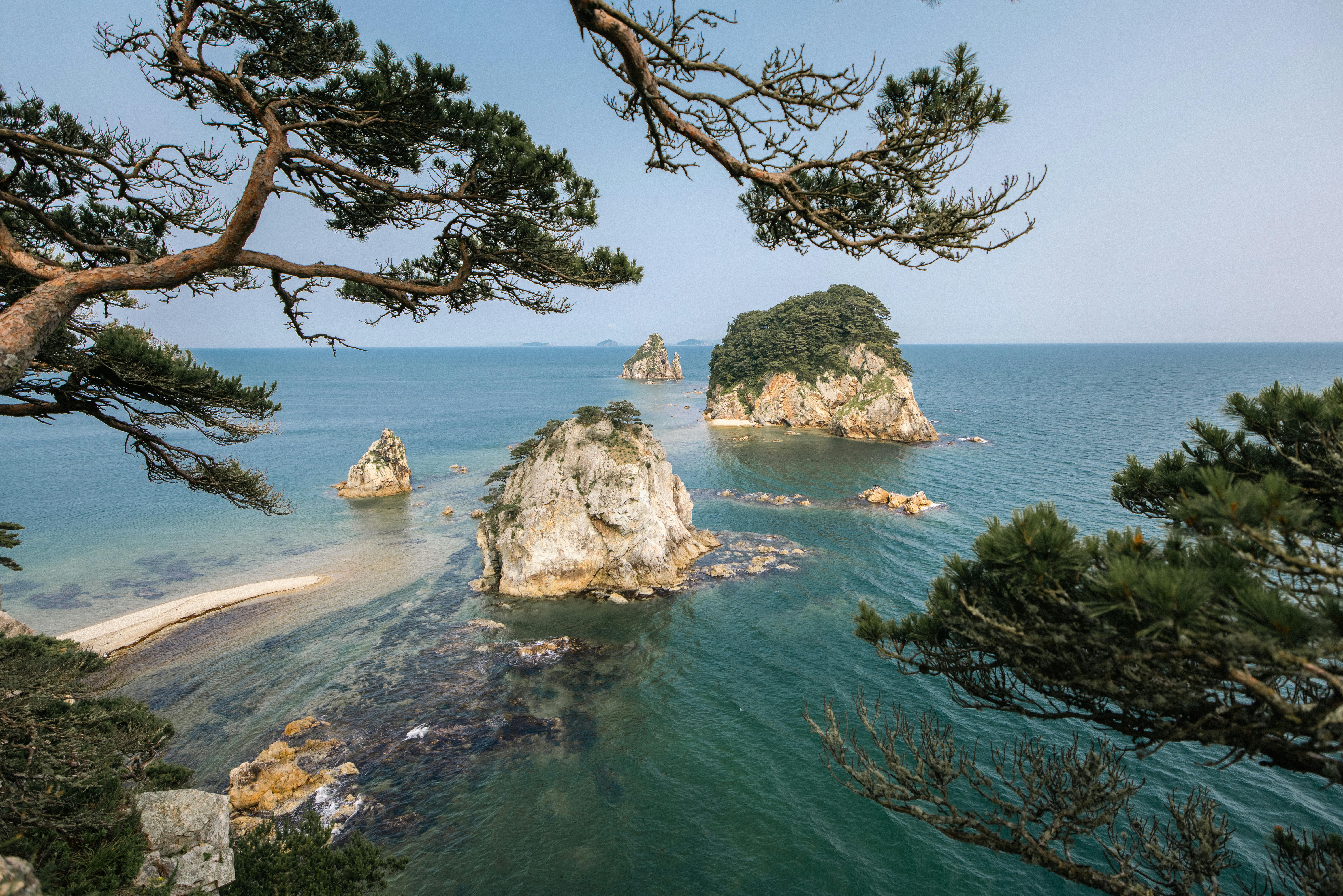 Stunning coastal view featuring rocky islands and lush green trees under a clear blue sky.