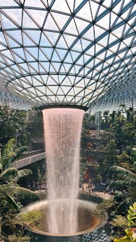 View of the iconic indoor waterfall at Jewel Changi Airport, Singapore, surrounded by lush greenery.