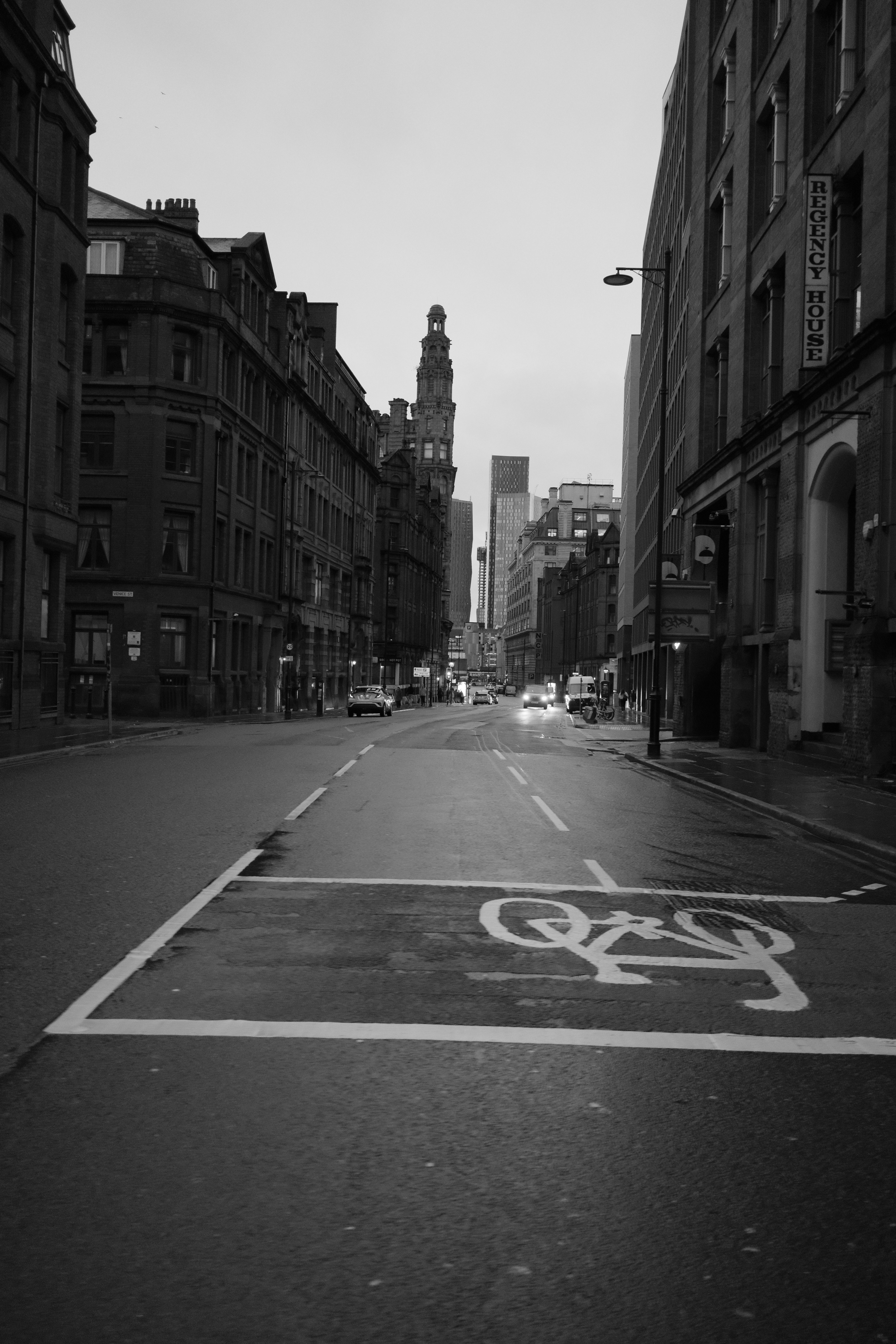 Black and White Urban Street Scene at Dusk · Free Stock Photo