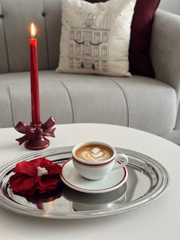 A warm and inviting coffee scene with a latte, red candle, and elegant decor in a cozy interior setting.