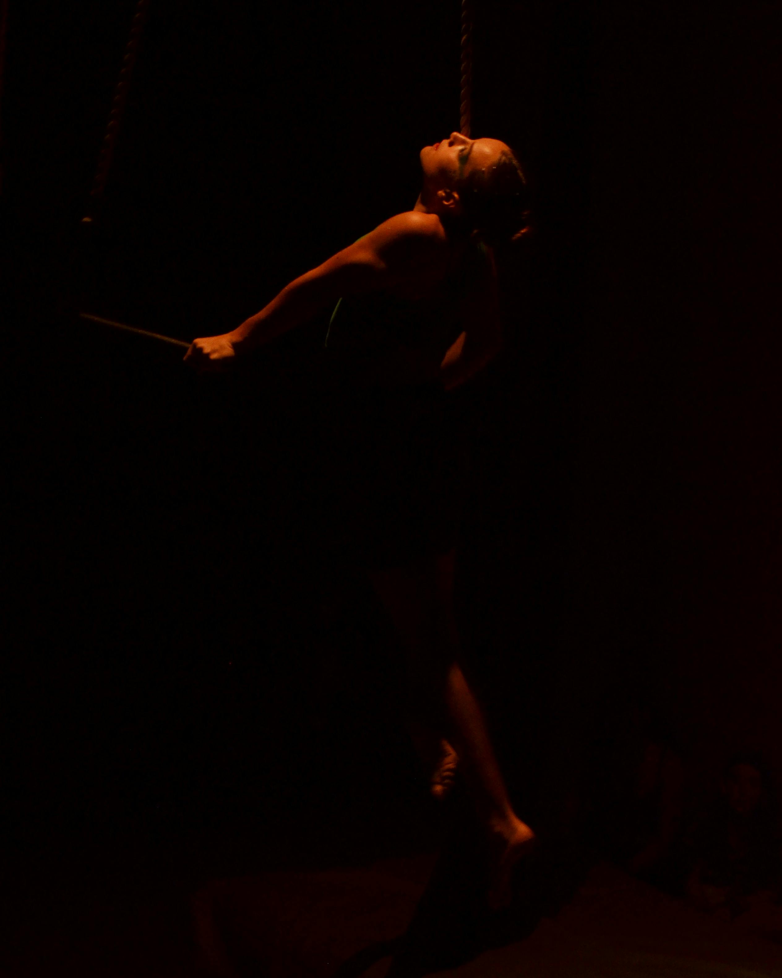 Gratuit Silhouette d'une acrobate aérienne réalisant un exercice sur un trapèze sur fond sombre. Photos