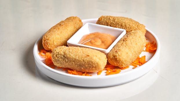 Golden-brown croquettes served with a tangy dipping sauce on a bed of grated carrots.