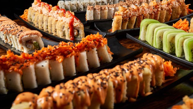 Close-up view of various sushi rolls arranged on black plates with colorful toppings.