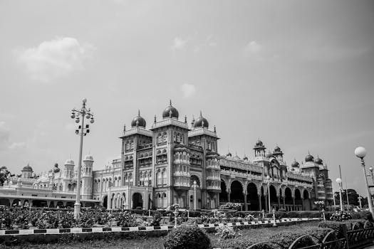 Black and white capture of the iconic Mysore Palace with striking architectural details.