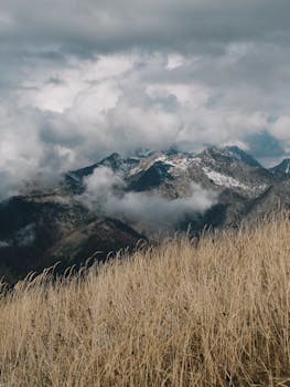 Stunning mountain view with dramatic clouds and golden grass in the foreground.