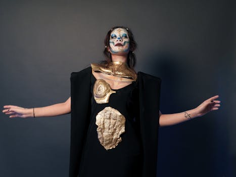 Striking portrait with Day of the Dead makeup and costume, captured in a studio setting.