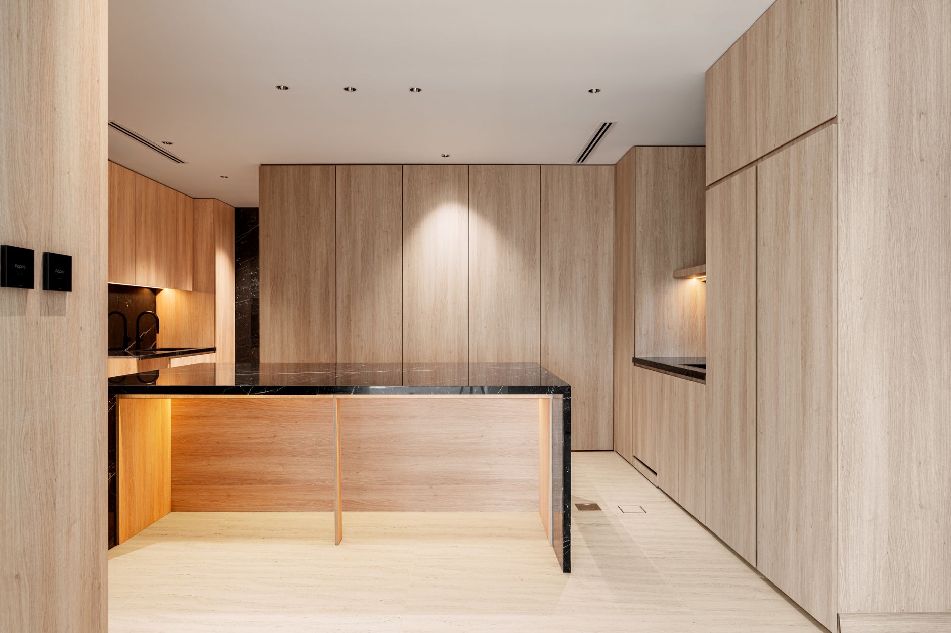 A sophisticated minimalist digital atelier showcasing a blend of high-end materials and subtle intelligent interface displays.