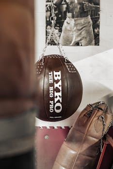 Close-up shot of boxing equipment including punching bag in a Manchester gym.