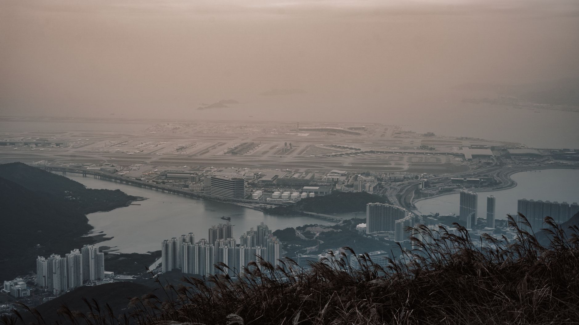 A Hong Kong racecourse at dawn, horses warming up beside empty grandstands, elegant misty atmosphere