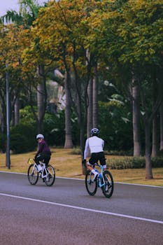 Two cyclists enjoy a ride on a quiet, tree-lined road during fall.