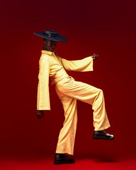 Dynamic fashion portrait of an individual in yellow outfit with a wide-brimmed hat against a vivid red backdrop.