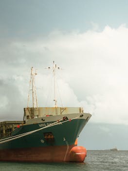A large cargo ship sails under cloudy skies in the Maldives, highlighting maritime industry.