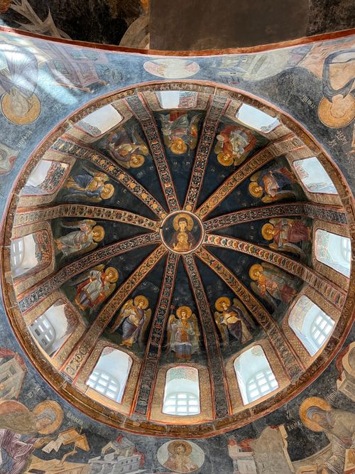 Free Detailed Byzantine dome fresco depicting religious figures in a historical church. Stock Photo