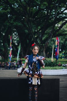 Vibrant cosplay character at an outdoor event in Bandung, Indonesia.