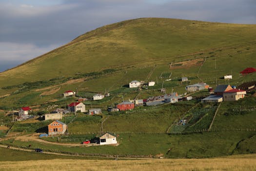 Charming village houses on a grassy hillside under a beautiful blue sky.