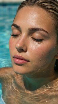 A serene portrait of a woman relaxing in a pool, enjoying the sunlight and cool water.