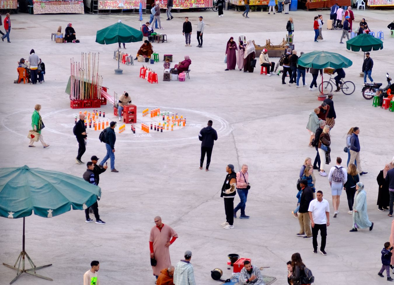 A bustling Marrakech market showcasing spices and fresh produce