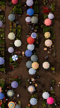 Colorful umbrellas cover vibrant market stalls in Tenango de las Flores, Puebla, from above.