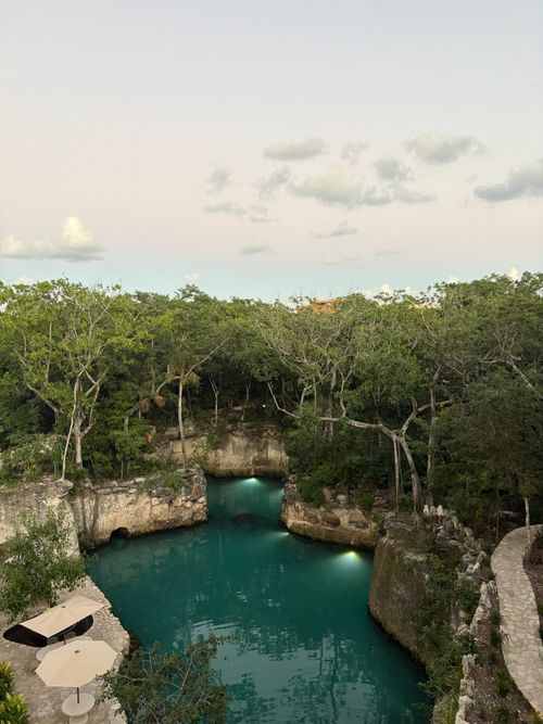 Free Beautiful natural cenote in the Yucatán Peninsula surrounded by vibrant greenery at sunset. Stock Photo