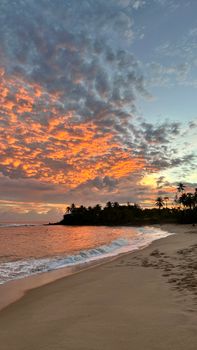 Experience a breathtaking sunset on a serene tropical beach, with brilliant orange clouds painting the sky.