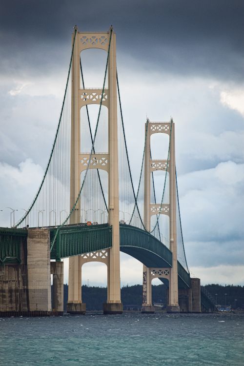 Free A picturesque view of the iconic Mackinac Bridge stretching across the Straits of Mackinac, Michigan. Stock Photo