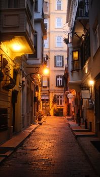 A quaint cobblestone alleyway in a European city illuminated by warm streetlights at twilight.