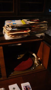 A classic record player with a large stack of vinyl records, showcasing nostalgic music charm.