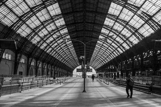 Stunning architectural view of a train station with arched roof in black and white.