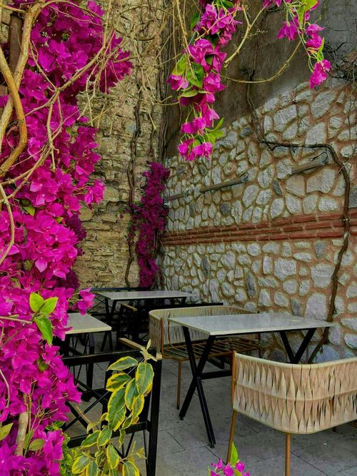 Free Stunning outdoor café setting in İstanbul, Türkiye with vibrant bougainvillea and rustic stone walls. Stock Photo