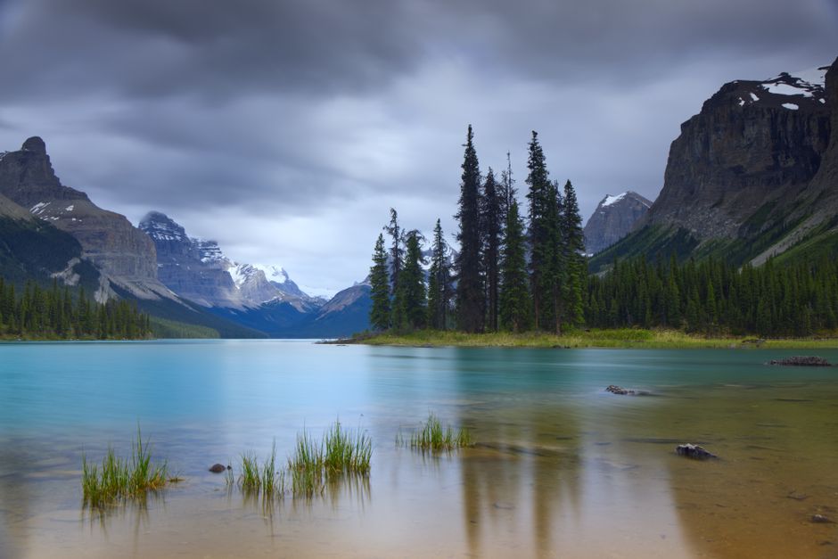 Peaceful landscape of a turquoise lake surrounded by majestic mountains and pine trees in the Canadian Rockies.