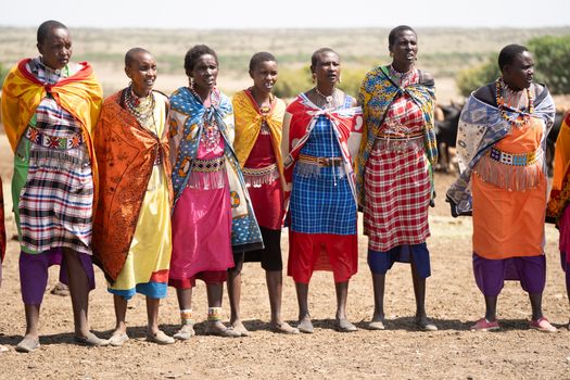 Maasai women in traditional attire showcasing colorful cultural fashion in a Kenyan landscape.